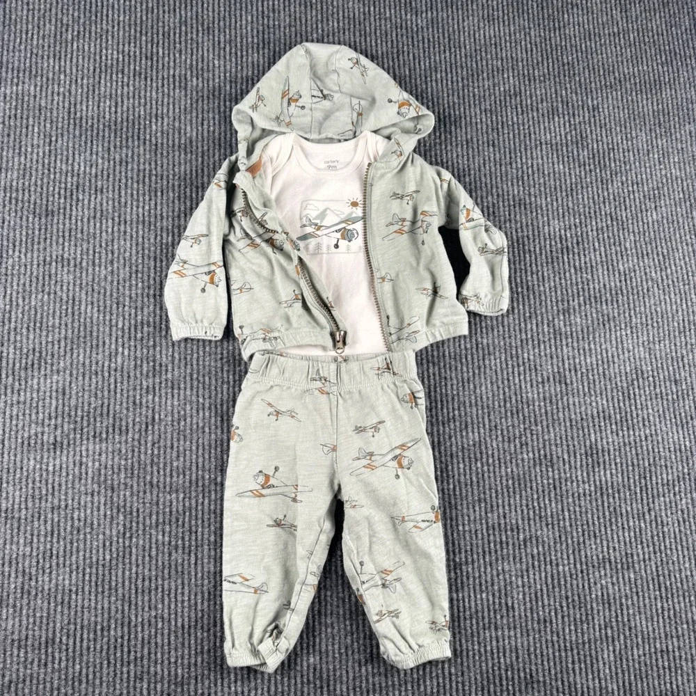 Carters Baby 9M 3-Piece‎ Airplane Set Sage Green Hoodie Joggers Onesie Aviation